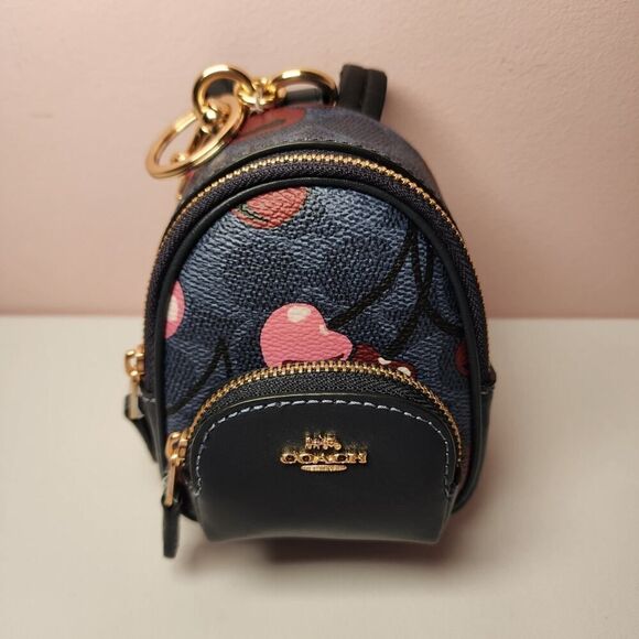 NWT COACH CZ086 Mini Court Backpack Bag Charm Signature Canvas Cherry Denim - Picture 1 of 7
